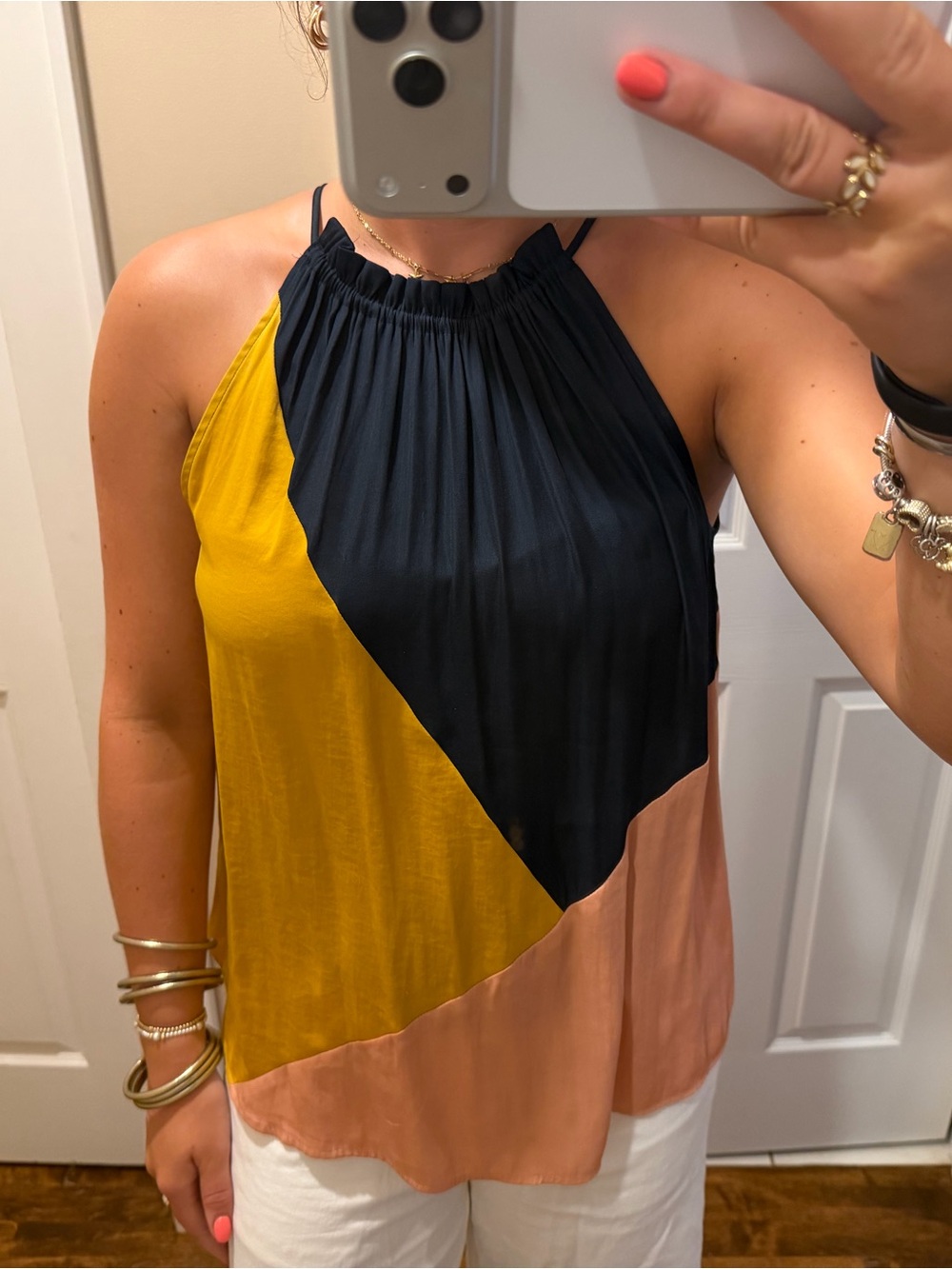Loft Colorblock Halter Satin Tank Top - Mustard, Navy, Blush